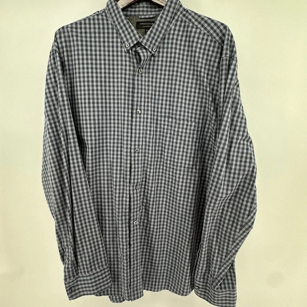 Banana Republic Soft Wash Slim Fit Shirt Mens XXL Grey Navy Gingham Check Cotton